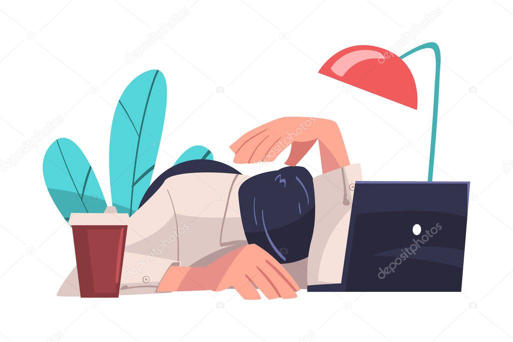 Tired Young Man at Laptop with Hang Head Vector Illustration