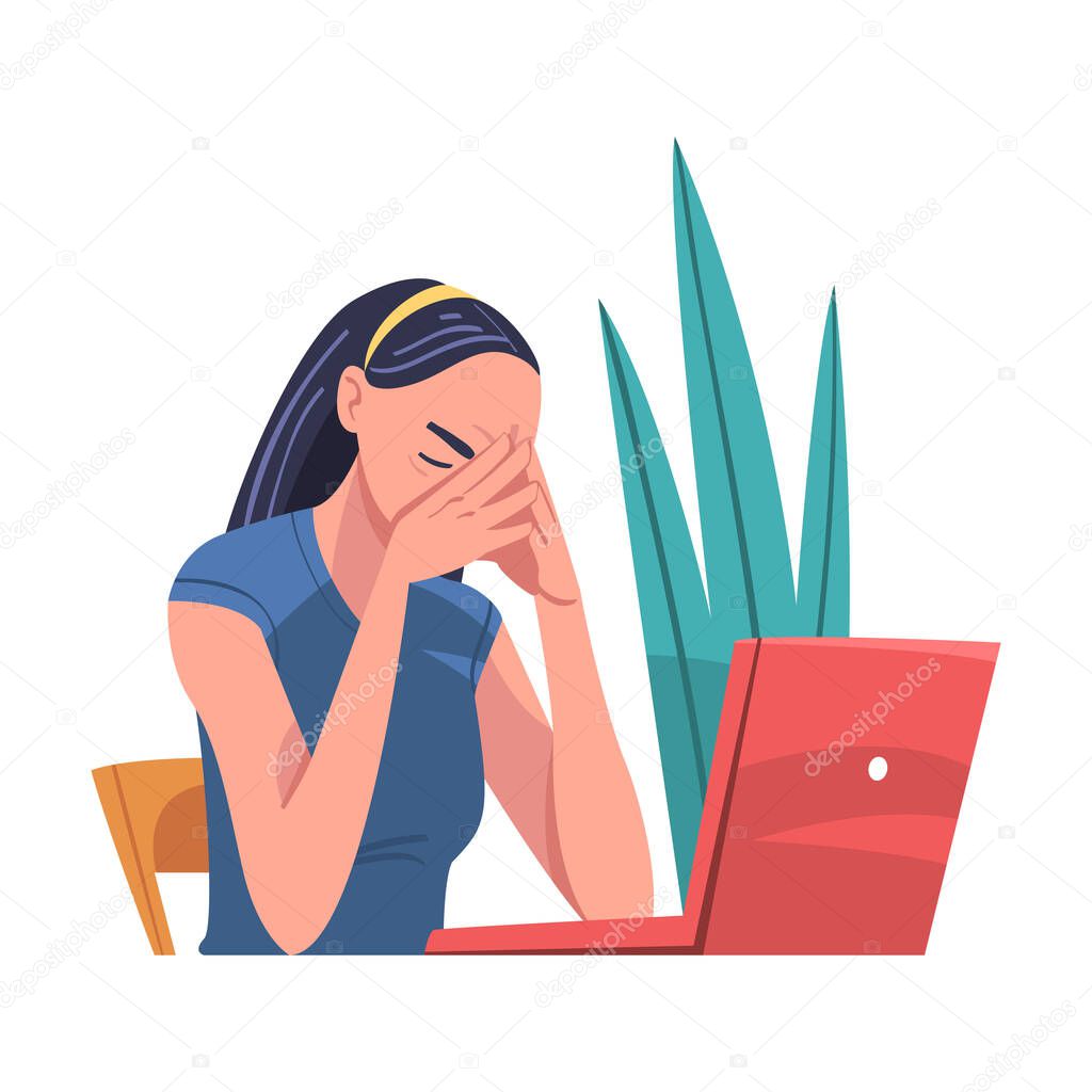 Tired Young Woman Sitting at Laptop Holding Head with Hands Vector Illustration