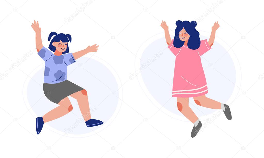 Positive Girl Jumping with Joy and Excitement Rejoicing Vector Set
