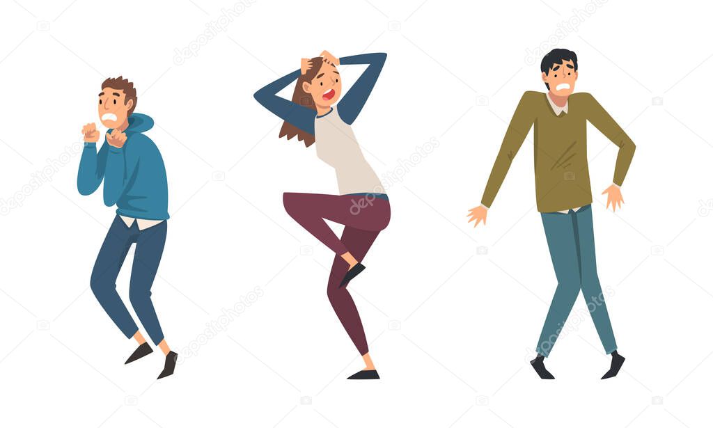 Young Man and Woman Character Afraid of Something Feeling Scared and Terrified Shaking with Fear Vector Set