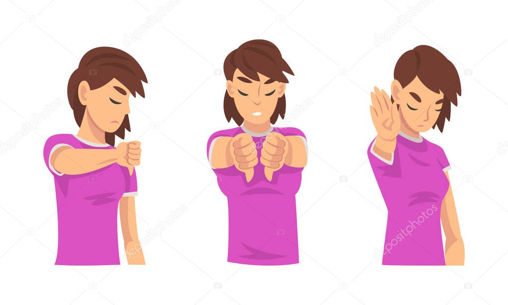 Young Woman Showing Thumb Down and Stop Gesture with Her Palm Hand Vector Set