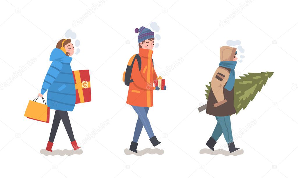 Winter Holiday with People Character Carrying Wrapped Gift Box and Fir Tree Vector Set