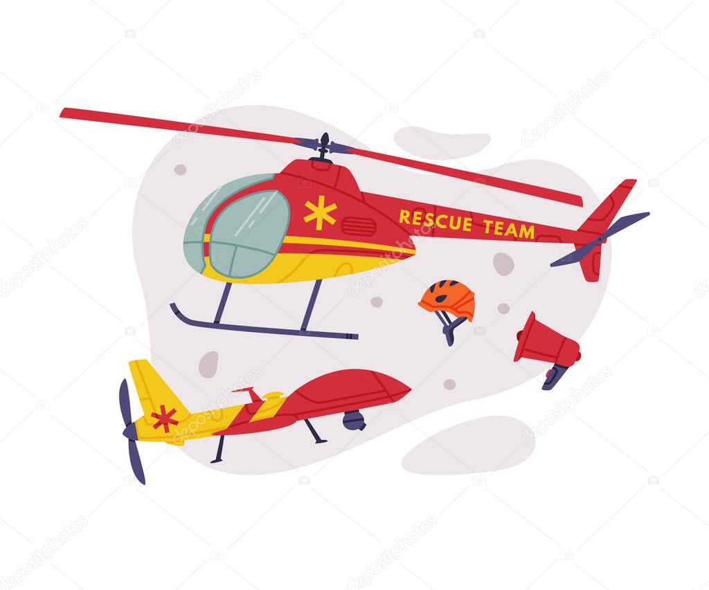 Rescue Equipment with Helicopter as Specialized Machine and Emergency Vehicle for Urgent Saving of Life Vector Illustration