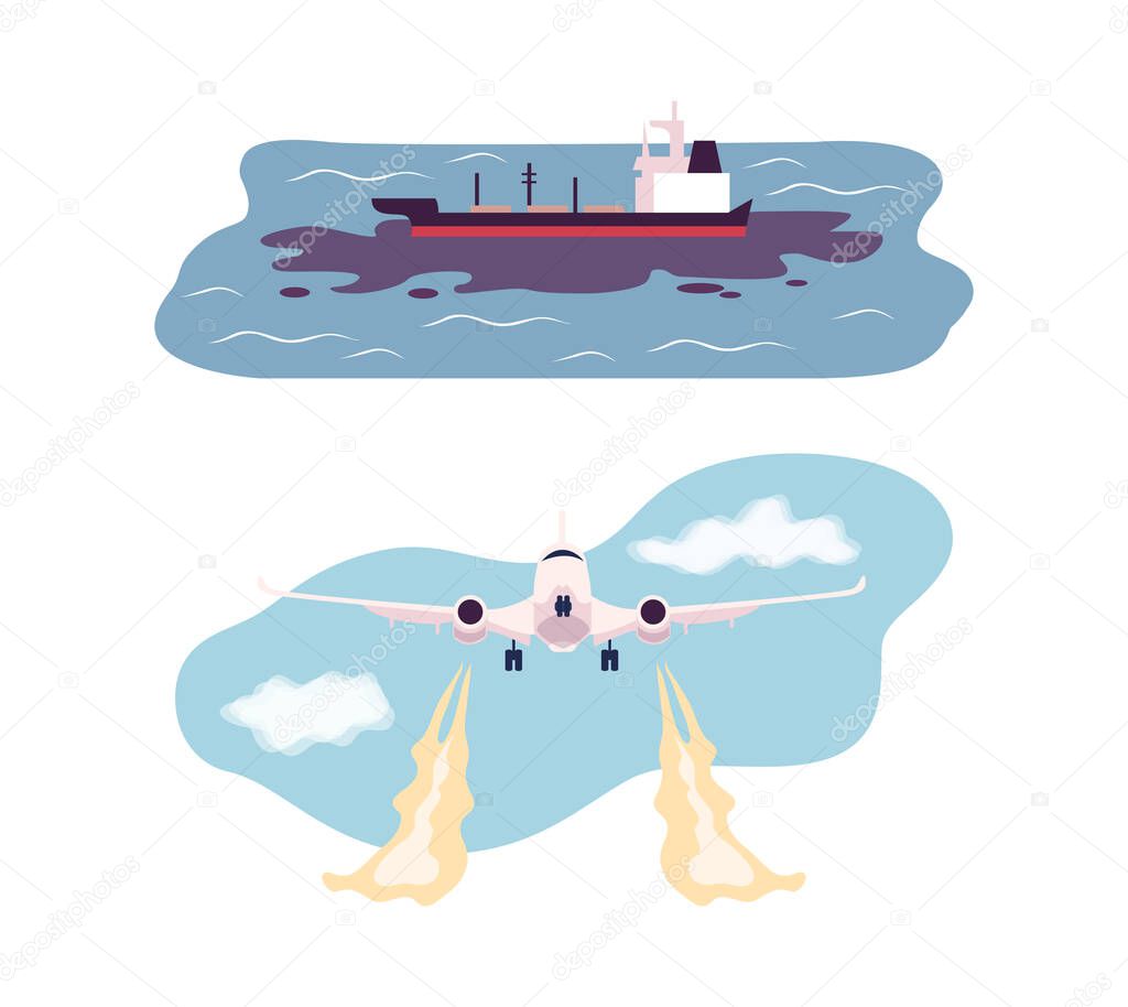 Environmental Pollution and Global Warming Cause with Plane and Water Contamination Vector Set