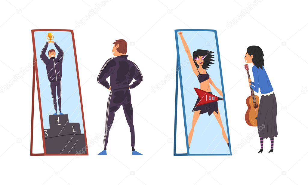 Man and Woman Standing in Front of Mirror Looking at Their Reflection and Imagine Themselves as Successful and Attractive Vector Set