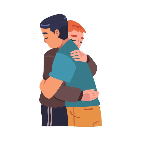 Homem personagem abraçando e abraçando uns aos outros expressando amigável sentimento vetor ilustração —  Vetores de Stock