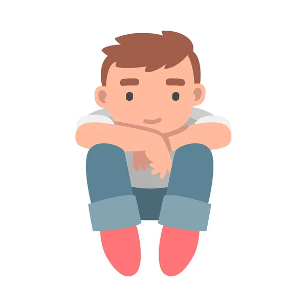 Young Man with Bended Knees Sitting and Watching at Something Vector Illustration — Stock Vector