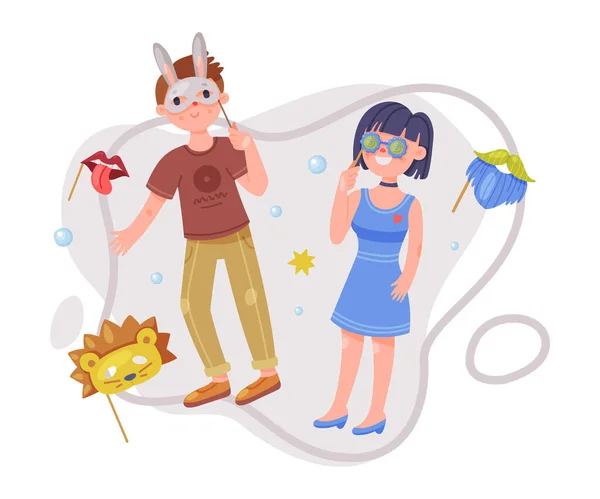 Man and Woman Character Wearing Party Birthday Photo Booth Props Standing and Smiling Vector Illustration — Stock Vector