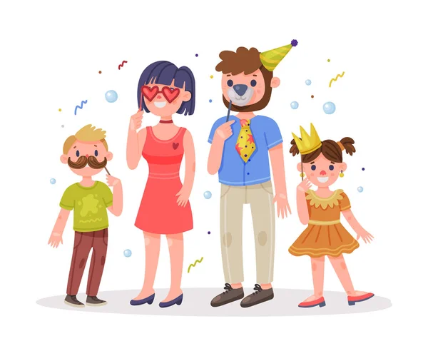 Family with Kids Wearing Party Birthday Photo Booth Props Standing and Smiling Vector Illustration — Stock Vector