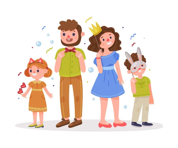 Famille avec enfants portant fête Anniversaire Photo Booth Props debout et sourire Illustration vectorielle — Image vectorielle