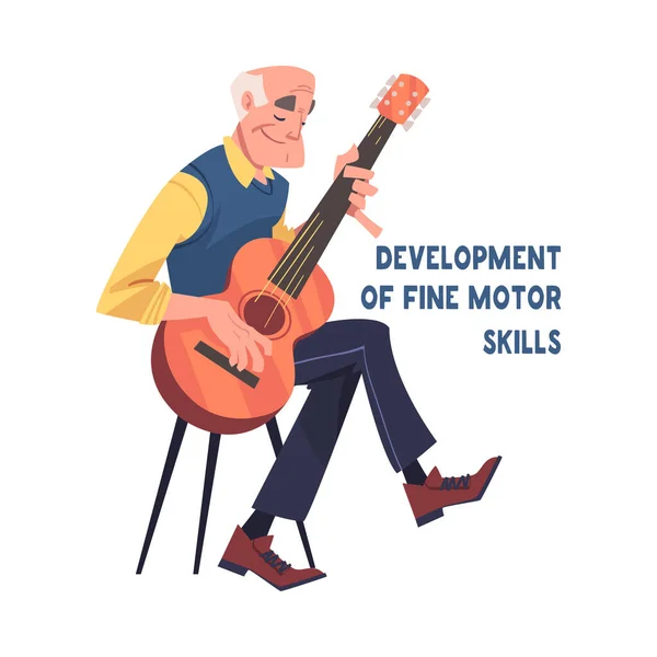 Zapobieganie chorobie Alzheimera z człowiekiem w podeszłym wieku gra na gitarze Rozwijanie Fine Motor Skills Vector Ilustracja — Wektor stockowy