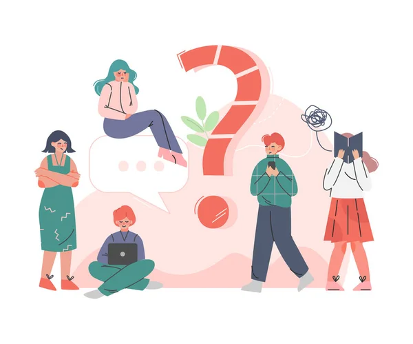 Puzzled People Character Vragen stellen en zoeken naar antwoord rond ondervraging Mark Vector Illustratie — Stockvector