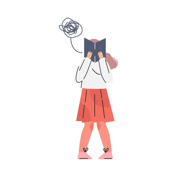 Femme perplexe tenant le livre ouvert posant la question et recherchant l'illustration vectorielle d'information — Image vectorielle
