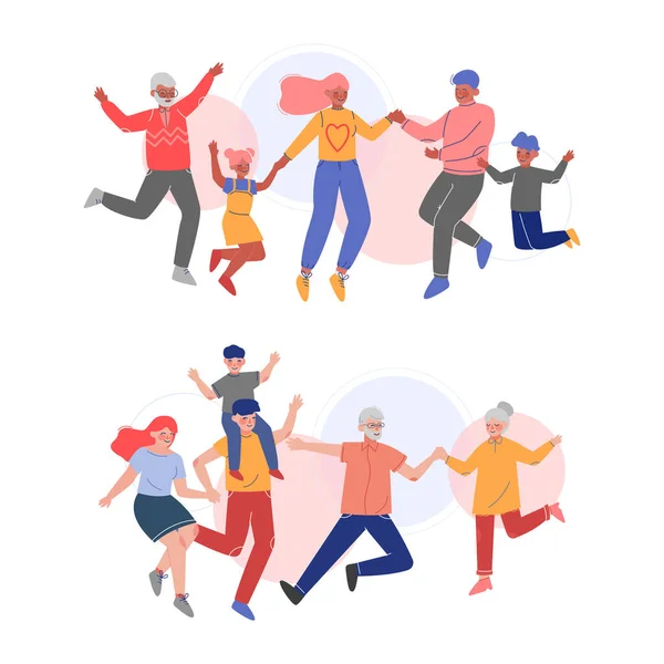 Happy Family Member Jumping with Joy Together and Holding Hands Vector Set - Stok Vektor