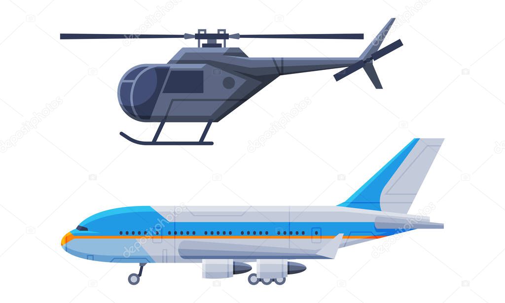 Flying Airliner or Airplane and Helicopter for Transporting Passengers Side View Vector Set