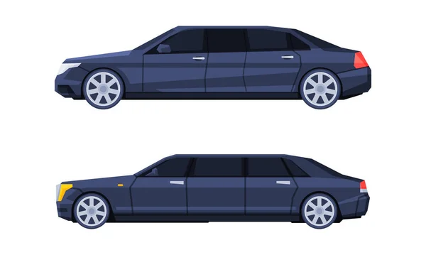 Stretch Limousine as Long Wheelbase Luxury Sedan and Urban Transport Vector Set — Stock Vector