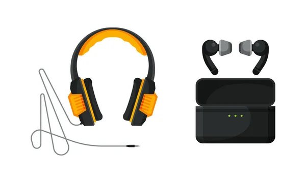 Over-ear Headphones or Earphones as Pair of Loudspeaker Drivers with Cord Vector Set — Stock Vector