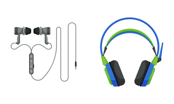 Headphones or Earphones as Pair of Loudspeaker Drivers with Cord Worn Over Ears Vector Set — Stock Vector