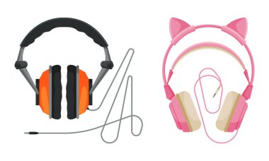 Over-ear Headphones or Earphones as Pair of Loudspeaker Drivers with Cord Vector Set clipart