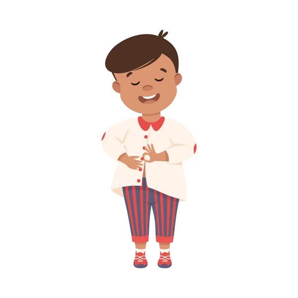 Niño pequeño cambiando su ropa poniéndose un pijama abotonándolo Vector Ilustración — Vector de stock