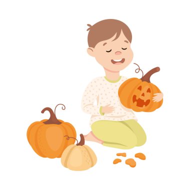 Yaratıcı Çocuk Balkabağı Kesen Gülen Adam El Yapımı Madde Vektörü İllüstrasyonu