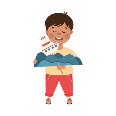 Kağıtları Yapıştıran Yaratıcı Çocuk El Yapılandırılmış Öğe Vektörü İllüstrasyonu Olarak Gemi ve Deniz Dalgası Gösteriyor