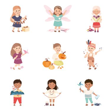 Yaratıcı Çocuklar El Yapımı Ögesi Makasla Kesme, Kağıt Yapılandırma ve Yapıştırma Uygulama Vektörü Seti