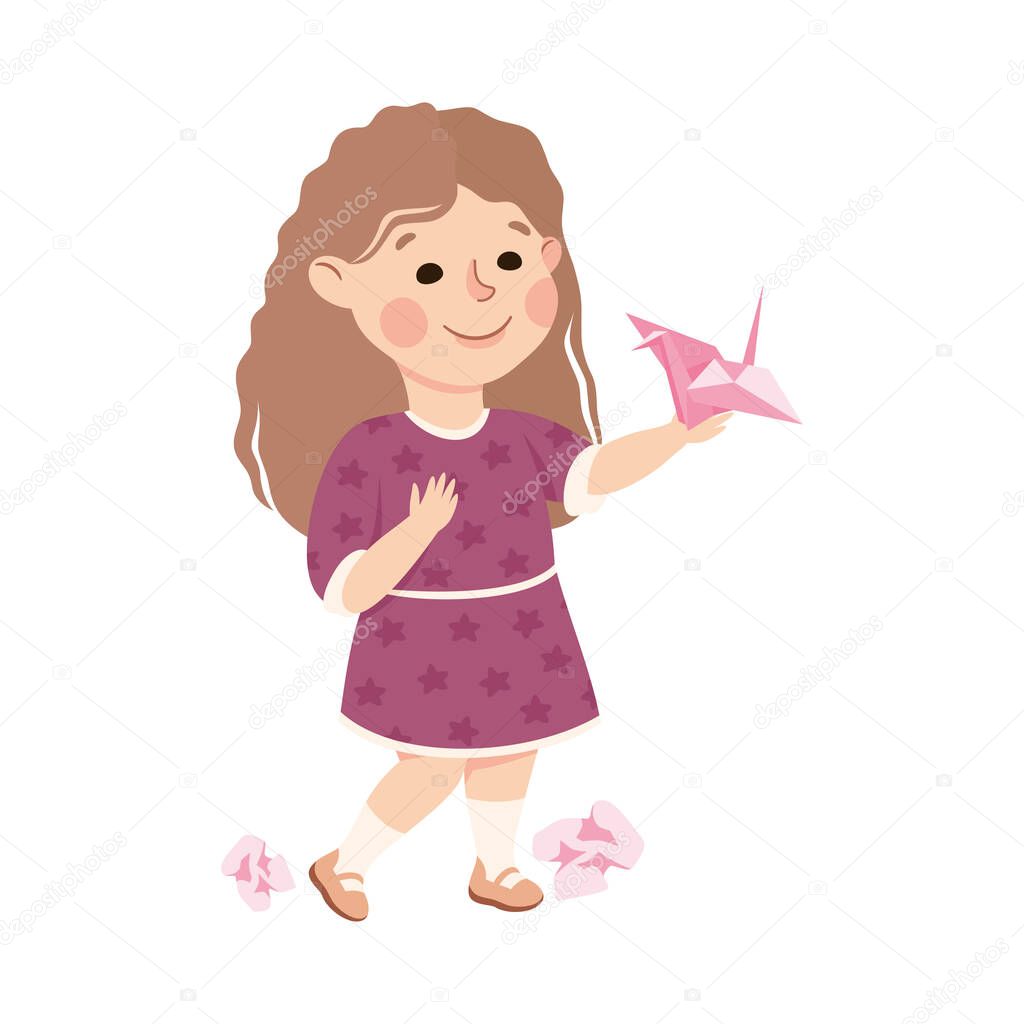Creative Girl Folding Paper as Origami Making Handcrafted Item Vector Illustration