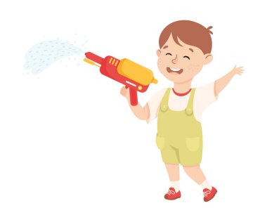 Gülen Çocuk Su Tabancasıyla Spreyliyor Oynuyor ve Eğlenceli Vektör Resimleri Yapıyor