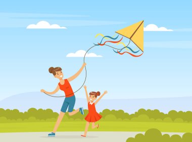 Anne ve kızı Uçan Uçurtma Açık Hava Vektör İllüstrasyonu