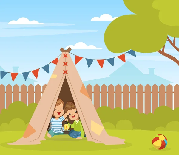 Cute Little Children Playing in the Yard Sitting in Teepee Tent Vector Illustration - Stok Vektor