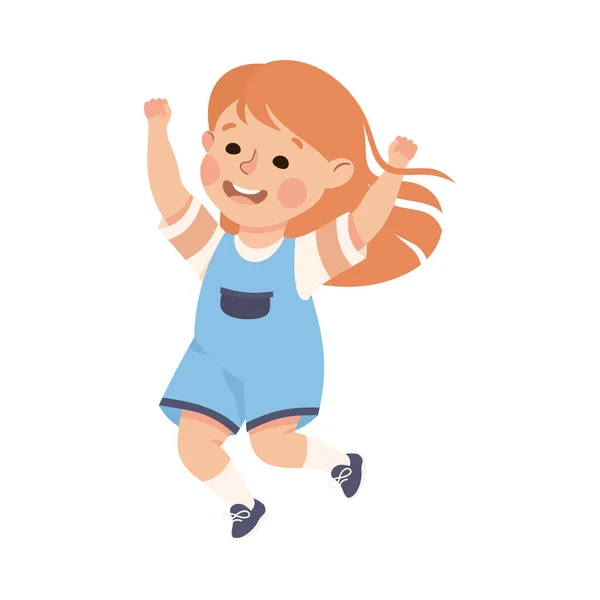Chica feliz saltando con alegría y manos arriba animando y divirtiéndose Vector ilustración — Vector de stock