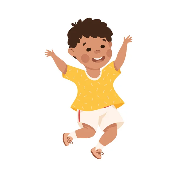 Joyeux garçon sautant avec joie et mains en l'air encourager et avoir du plaisir Illustration vectorielle — Image vectorielle