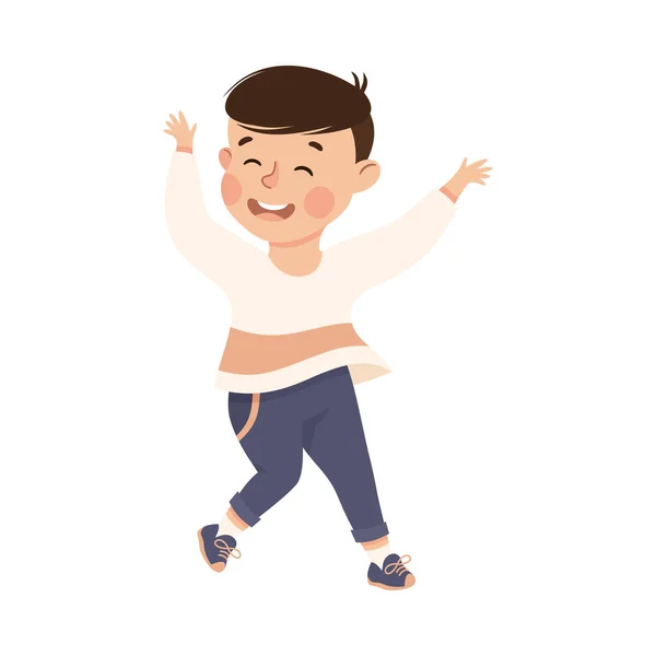 Šťastný chlapec skákání s radostí a ruce nahoru povzbuzování a baví vektorové ilustrace — Stockový vektor