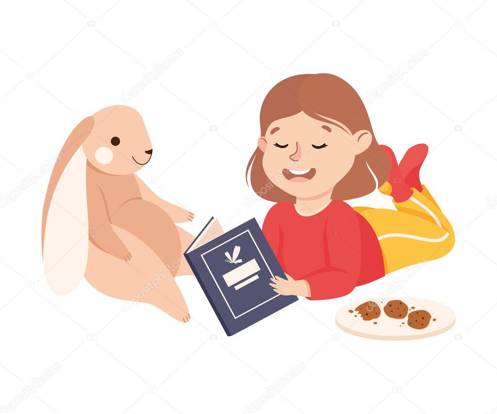 Smiling Girl Reading Toy Hare Fairytale Playing and Having Fun Vector Illustration