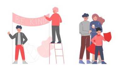 Polite and Kind Kids Sharing Protecting Family and Hanging Banner Be Kind Vector Set clipart