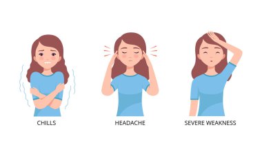 Küçük kız baş ağrısı ve titreme vektörü seti çekiyor.