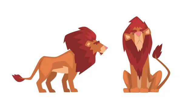 Proud Powerful Lion Mammal with Prominent Mane and Hairy Tuft on Its Tail Vector Set — Stock Vector