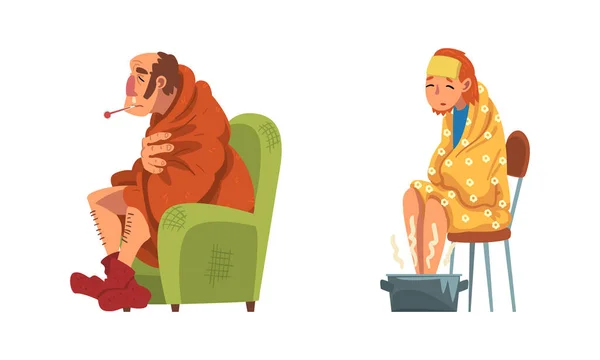 Hombre y mujer enfermos sentados en silla envueltos en manta en calcetines de punto y piernas de calentamiento en el lavabo con conjunto de vectores de agua caliente — Vector de stock