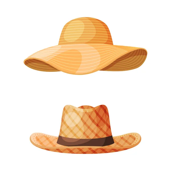 Sombrero de paja como conjunto de vectores de tocado tejido de ala — Vector de stock