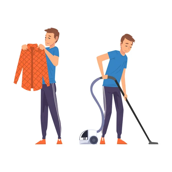 做家务的男人吸尘地板和折叠式服装传送器 — 图库矢量图片