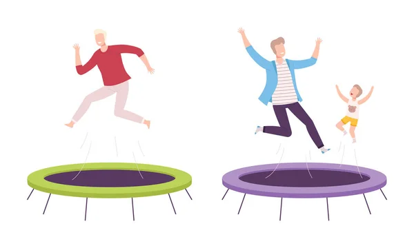 Les gens joyeux caractère sautant et rebondissant sur le trampoline ayant ensemble vectoriel amusant — Image vectorielle