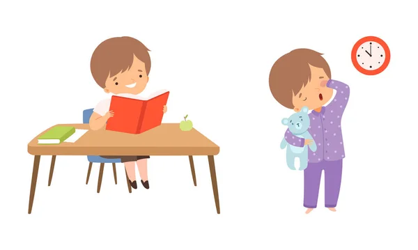 Маленький хлопчик читає книгу за столом та ювелірним набором піжами Векторний набір — стоковий вектор