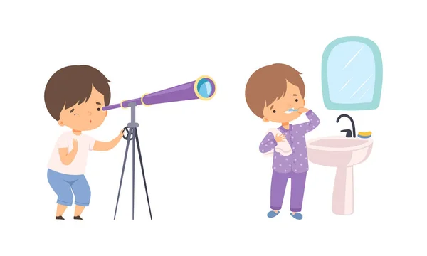 Little Boy Brushing Teeth in the Evening and Watching Stars in Telescope Vector Set — Stock Vector