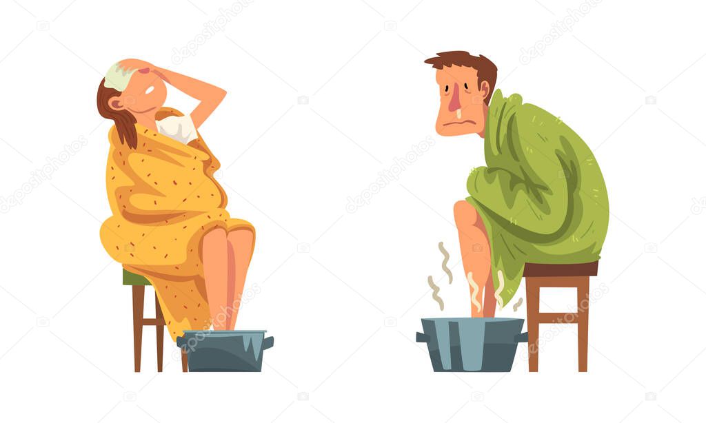 Sick Man and Woman Sitting on Chair Wrapped in Blanket Warming Legs in Basin with Hot Water Vector Set