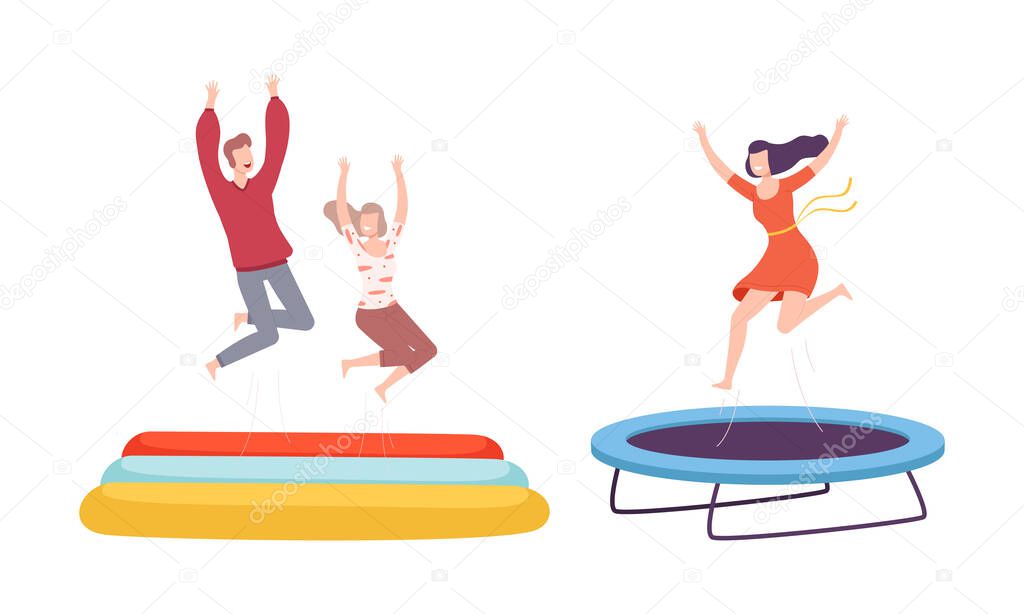 Cheerful People Character Jumping and Bouncing on Trampoline Having Fun Vector Set