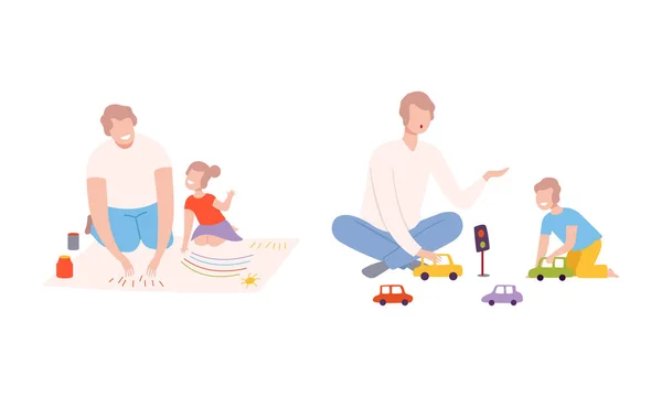 Νεαρός μπαμπάς με το παιδί του σχέδιο με χρώματα και παίζοντας παιχνίδι αυτοκίνητο διάνυσμα σετ — Διανυσματικό Αρχείο