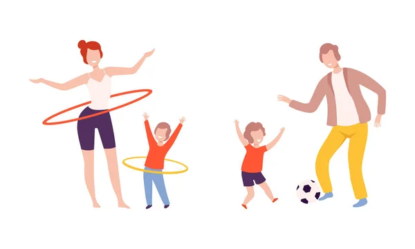 Νεαρός γονέας με το παιδί του να παίζει ποδόσφαιρο και να κάνει Hula Hoop Vector set — Διανυσματικό Αρχείο