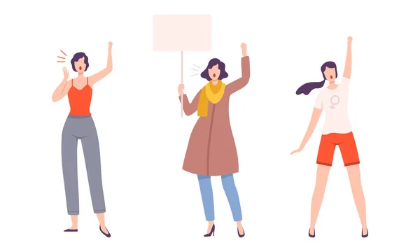 Young Woman Showing Placard Protesting with Banner for Feminine Empowerment Vector Set — Stock vektor