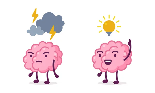 Caractère cérébral drôle avec ampoule ayant une idée et avec la foudre se sentant Angry Vector Set — Image vectorielle
